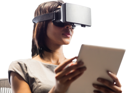 Digital png photo of biracial woman using vr headset and tablet on transparent background