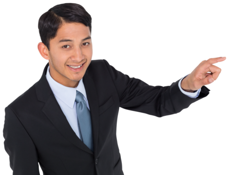 Digital png photo of happy biracial businessman pointing on transparent background