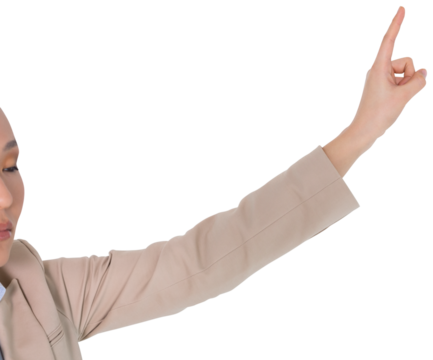 Digital png photo of asian businesswoman pointing on transparent background