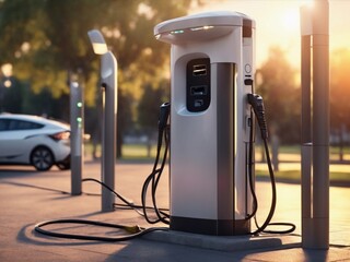 Modern fast electric vehicle chargers for charging car in park at sunset, Generative AI