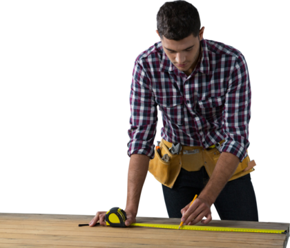 Digital png photo of caucasian male worker with tools and measure tape on transparent background - Powered by Adobe
