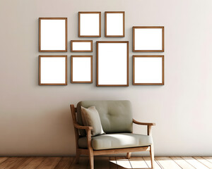 Blank vertical, horizontal and square decorative art transparent gallery mock-up. 9 frames. Beige wall