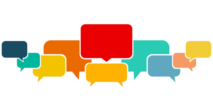 Digital png illustration of colourful speech bubbles with copy space on transparent background