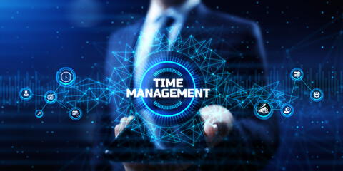 Time management planning productivity business concept. Businessman pressing button. - obrazy, fototapety, plakaty