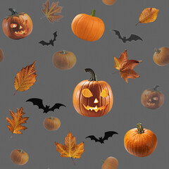 Seamless pattern with pumpkin and yellow leaves. Halloween, festive seamless pattern. Endless background with pumpkins, bats, spiders, ghosts