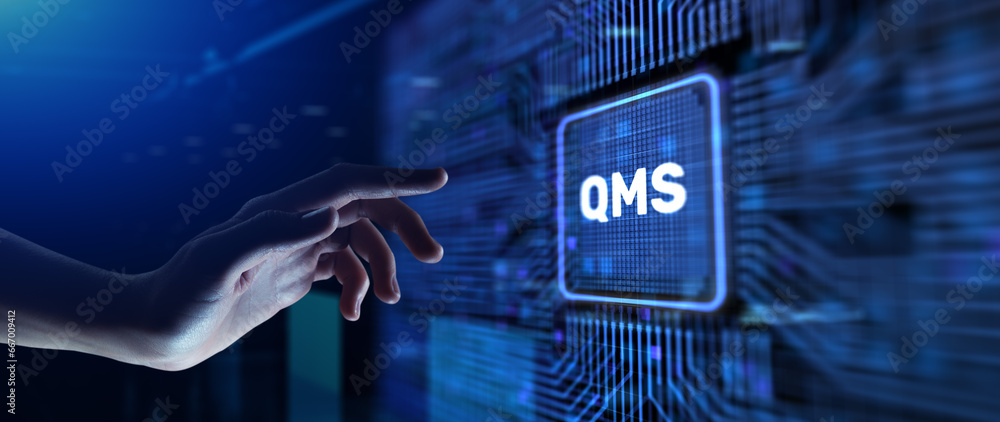 Poster qms quality management system. hands pressing button virtual screen.
