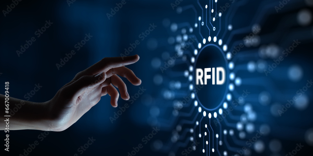 Poster rfid radio frequency identification. hands pressing button virtual screen.