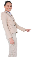 Digital png photo of asian businesswoman touching virtual screen on transparent background