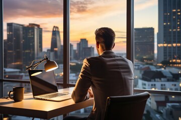 A man in a business suit works at a laptop in a modern office with large panoramic windows. Generated by artificial intelligence