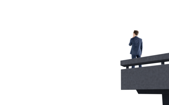 Digital png photo of caucasian businessman standing on bridge on transparent background - Powered by Adobe