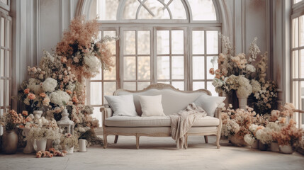The classic interior of a mansion is decorated with large bouquets of dry hydrangea. - obrazy, fototapety, plakaty