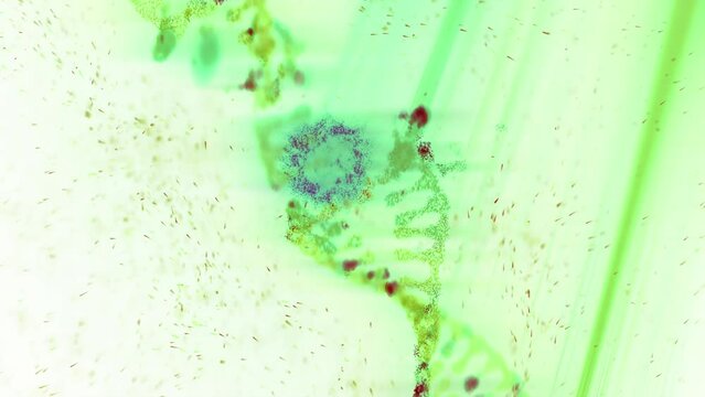 DNA double helix in a suspension of flowing particles. Destruction of hostile DNA. Visualization of the effect of radiation or carcinogen on the genome. On white background