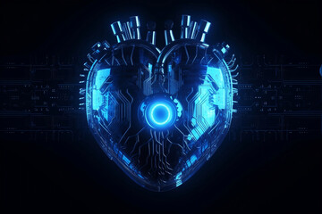 Digital blue heart as artificial cyber computer machine generative ai