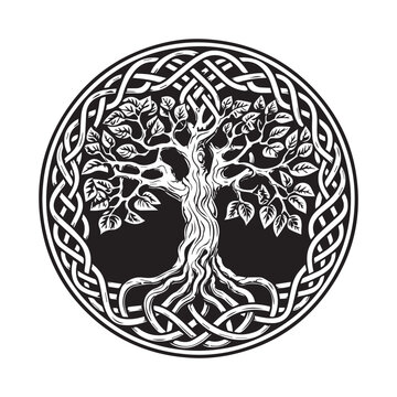Celtic tree of life decorative Vector ornament, Graphic arts, dot work. Grunge vector illustration of the Scandinavian myths with Celtic culture.