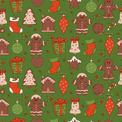 Christmas seamless pattern. Nostalgic retro cartoon gingerbread, cookies, man, tree, house, Xmas stocking gift, ball toy, bell on green background. Vector  Trendy New Year illustration