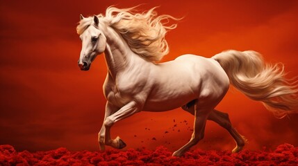 Obraz na płótnie Canvas An Arabian horse, mane flowing resplendently, captured in mid-gallop against a vivid scarlet background.