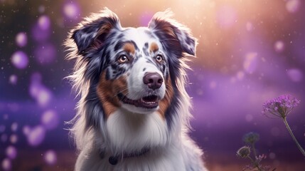 An Australian Shepherd caught mid-shake, water droplets suspended in air, and a saturated lilac background.