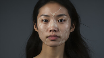Young asian woman with vitiligo posing while looking at camera, skin pigmentation, skin disorder