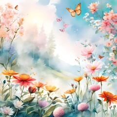 Obraz na płótnie Canvas An enchanting garden with vibrant blooms, butterflies in flight, and a gentle breeze