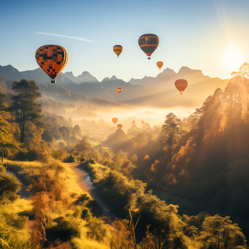 Colorful hot air balloons flying over Doi Luang Chiang Dao, Chiang Mai in Thailand, AI Image