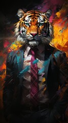 Fototapeta na wymiar An executive with the head of a fierce tiger, standing against a dark and dynamic multicolor backdrop, creating a striking and surreal image that combines business and wild strength