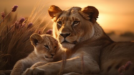 As twilight casts its ephemeral hues across the landscape, a lioness lays down next to her young cub - obrazy, fototapety, plakaty