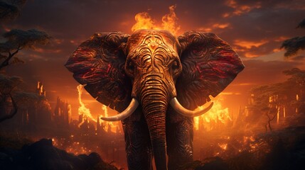 As the sun bids adieu to the day, one last ray of molten gold illuminates an elephant. Its colossal form is rendered almost ethereal against a backdrop that melts from tangerine to deep crimson. - obrazy, fototapety, plakaty