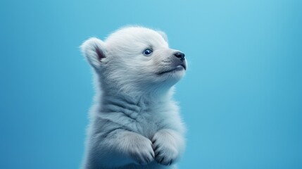 A bear cub on its hind legs, nose sniffing the air for an unseen scent, made more vibrant by a powder blue background.