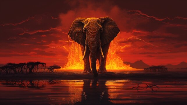 As the sun bids adieu to the day, one last ray of molten gold illuminates an elephant. Its colossal form is rendered almost ethereal against a backdrop that melts from tangerine to deep crimson.