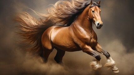 A Belgian Draft Horse, solid and imposing, its mane fluttering in an imagined breeze; a chocolate brown backdrop sets the mood. - obrazy, fototapety, plakaty