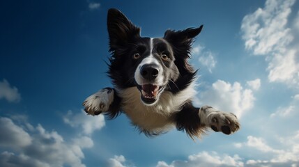 A Border Collie in the middle of an agile leap, all four paws off the ground, set against a...