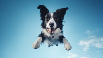 A Border Collie in the middle of an agile leap, all four paws off the ground, set against a background of brilliant cerulean.