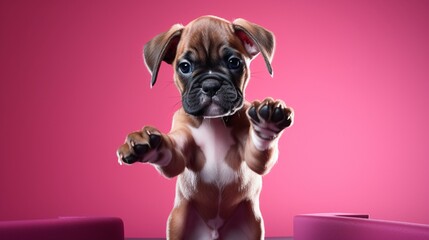 A Boxer puppy engaged in a playful stance with paws out front; behind, a fuchsia background...
