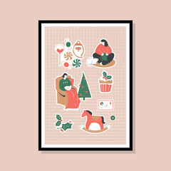 Christmas vector poster design in a frame template. Winter illustration for greeting card, wallpaper, banner.