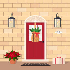 Cute red front door with Christmas decoration, lantern, gift and poinsettia. Exterior concept for house. Cartoon flat style. Vector illustration
