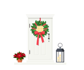 Cute white front door with Christmas wreath, isolated on white background. Exterior concept for house. Cartoon flat style. Vector illustration