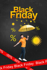 Black friday collage banner poster of male man enjoying advertise special offer bargains