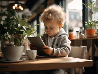 generazione Z, piccolo bimbo digitale che guardano il loro cellulare o tablet in momenti di relax , concetto di cambiamento generazionale e uso smodato della tecnologia