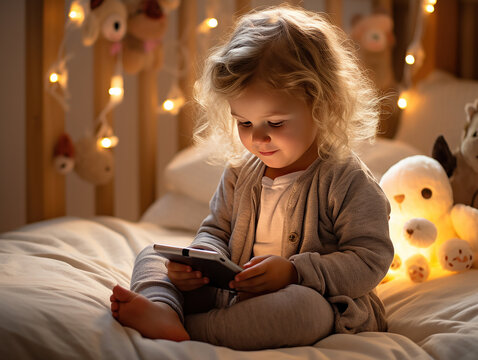 generazione Z, piccola bimba digitale che guardano il loro cellulare o tablet in momenti di relax , concetto di cambiamento generazionale e uso smodato della tecnologia