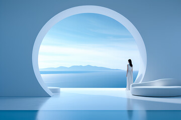 Lonely woman standing by the window in a moden futuristic