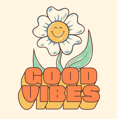 Groovy hippie 70s sticker. Sticker with smile daisy in trendy retro cartoon style 60s. Good vibes on psychedelic background. Stay groovy