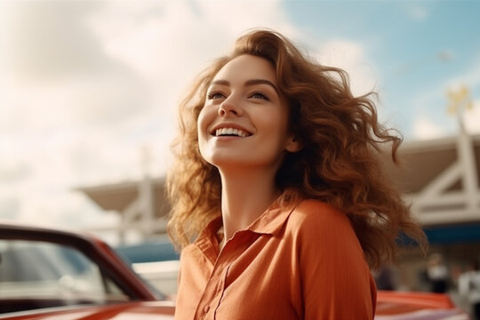 Side view of cheerful positive woman standing near convertible car looking away and smiling