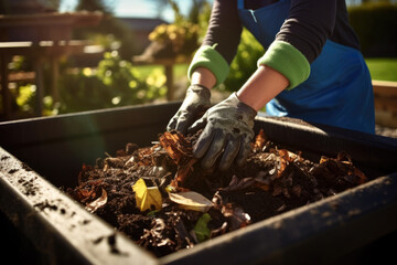 Composting food waste in compost bin garden. Close up of person's hands carefully turning compost in a sustainable composting bin.  - obrazy, fototapety, plakaty