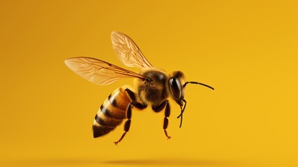 A diligent worker bee, wings minutely detailed, hovering against a sumptuous mustard background