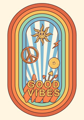 Groovy hippie 70s sticker. Symbol hippie on rainbow psychedelic background. Sticker in trendy retro psychedelic cartoon style 60s. Hippie soul. Good vibes. Stay groovy