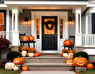 Obraz premium Halloween decorated front door with pumpkins of various size. Front Porch decorated for the Halloween season. Concept of Halloween. Digital illustration. CG Artwork Background