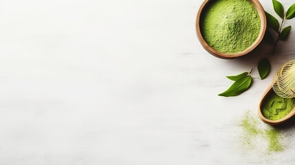 Matcha tea powder in a wooden plate on light wooden background with whisk, top view, copy space. Generative AI - obrazy, fototapety, plakaty