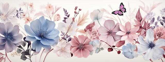 Fond d'écran abstrait, motif de fleurs aquarelles, nature, insectes, feuilles, plantes. IA générative, IA