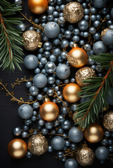 Golden, blue balls, Christmas tree branches on a black wooden background. Christmas card, background