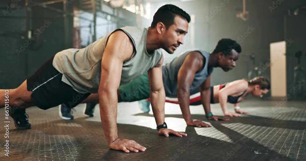 Poster Gym, group fitness and push up exercise for power, sports challenge and muscle on ground. Serious asian man, bodybuilder and performance training on floor with friends, workout class or strong people